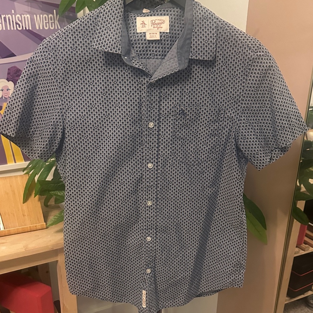 Original Penguin Short-Sleeve Blue Palm Tree Print Button-Down Shirt